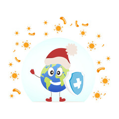 Cure the corona virus. Earth in the Christmas and New Year holidays against the virus. The earth is fighting the coronavirus. end of 2019-ncov. vector illustration