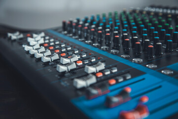 Sound recording studio mixing desk.