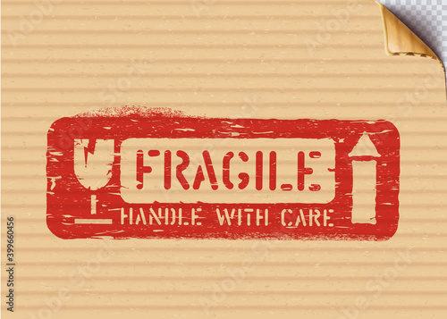 Grunge Fragile Sign On Cardboard Box For Logistics Or Cargo Means This Way Up Handle With Care Vector Stencil Illustration With Bent Carton Corner Wall Mural Voinsveta