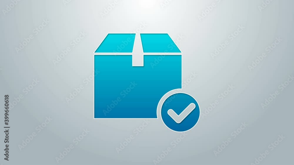 Poster blue line package box with check mark icon isolated on grey background. parcel box with checkmark. a
