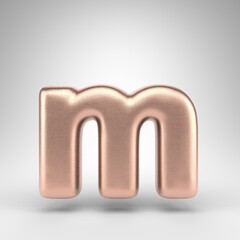 Letter M lowercase on white background. Matte copper 3D rendered font with shiny metallic texture.