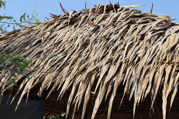 Roof is made of nipa palm leaves and bamboo isolated on blue sky background closeup.