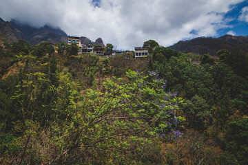 Fototapeta na wymiar View up to steep mountain with the village of Santa Cruz la Laguna, Guatemala