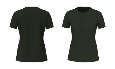 Blank short sleeve henley t-shirt mockup, front and back views, design presentation for print, 3d illustration, 3d rendering