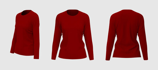 Women's long sleeve  t-shirt mockup, front, side and back views, design presentation for print, 3d illustration, 3d rendering
