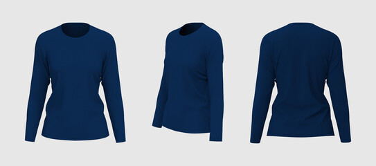 Women's long sleeve  t-shirt mockup, front, side and back views, design presentation for print, 3d illustration, 3d rendering