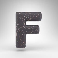 Letter F uppercase on white background. Black matte 3D rendered font with copper dots texture.