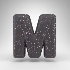 Letter M uppercase on white background. Black matte 3D rendered font with copper dots texture.