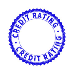 Grunge CREDIT RATING round rosette stamp seal. Copy space inside circle. Vector blue rubber overlay of CREDIT RATING caption inside round rosette. Stamp seal with grunge style.