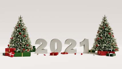 2021 new year christmas tree and gift boxes white background 3d rendering 3d render cgi