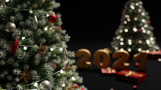 2021 new year christmas tree and gift boxes black background 3d rendering 3d render cgi