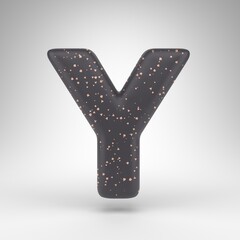 Letter Y uppercase on white background. Black matte 3D rendered font with copper dots texture.