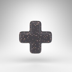 Plus symbol on white background. Black matte 3D rendered sign with copper dots texture.