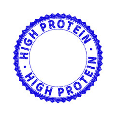 Grunge HIGH PROTEIN round rosette stamp seal. Copy space inside circle. Vector blue rubber imprint of HIGH PROTEIN text inside round rosette. Stamp seal with scratched texture.