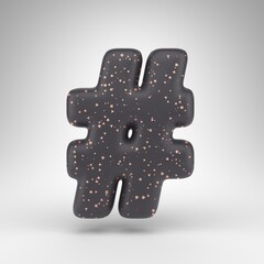 Hashtag symbol on white background. Black matte 3D rendered sign with copper dots texture.