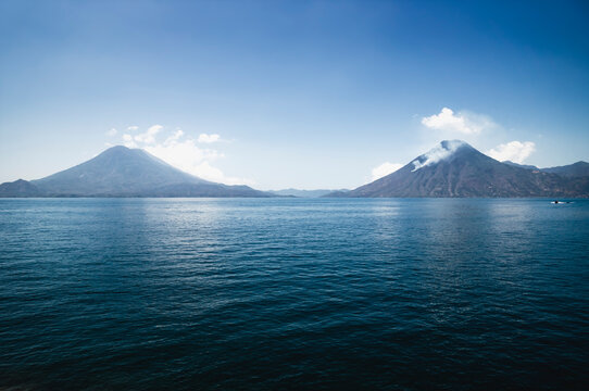 Lake Atitlan with view on the volcanoes San Pedro and Tiloman at Santa Cruz la Laguna, Guatemala