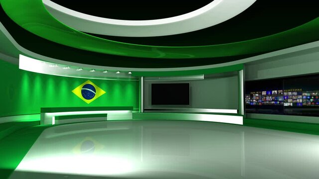 TV studio. Brazil. Brazilian flag. Brazilian flag studio. Brazilian flag background. News studio. Backdrop for any green screen or chroma key video or photo production. 3d render. 3d