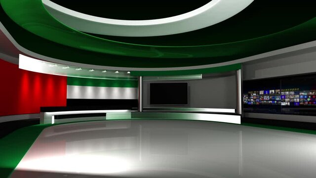 TV studio. Dubai. Dubai flag. News studio.  Loop animation. Background for any green screen or chroma key video production. 3d render. 3d 