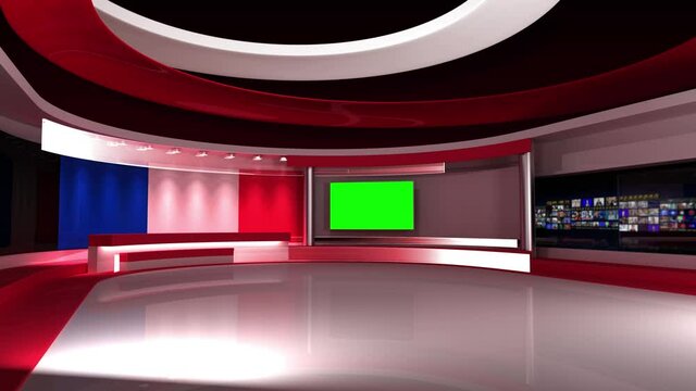 TV studio. French flag background. News studio.  Loop animation. Background for any green screen or chroma key video production. 3d render. 3d 