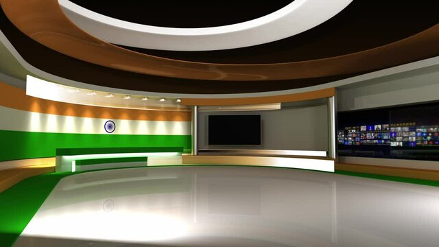 TV studio. Indian flag background. News studio. Background for any green screen or chroma key video production. 3d render. 3d 