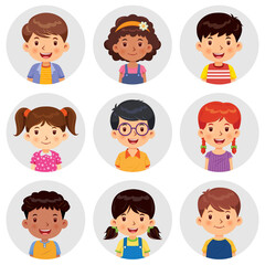 Set of different avatars of boys and girls are smiling on the gray circle flats. Set avatars portraits of boys and girls. Vector illustration
