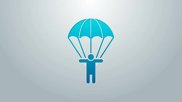 Blue line Parachute and silhouette person icon isolated on grey background. 4K Video motion graphic animation