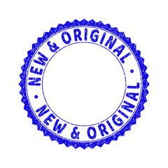 Grunge NEW & ORIGINAL round rosette stamp seal. Empty space inside circle. Vector blue rubber imprint of NEW & ORIGINAL caption inside round rosette. Stamp seal with unclean texture.