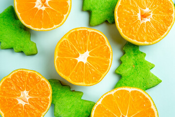 top view fresh tangerine slices on light-blue background fruit citrus orange color