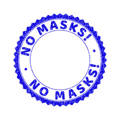 Grunge NO MASKS! round rosette stamp seal. Copy space inside circle. Vector blue rubber imprint of NO MASKS! title inside round rosette. Stamp seal with unclean texture.