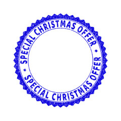 Grunge SPECIAL CHRISTMAS OFFER round rosette stamp seal. Empty space inside circle. Vector blue rubber overlay of SPECIAL CHRISTMAS OFFER caption inside round rosette. Stamp seal with scratched style.