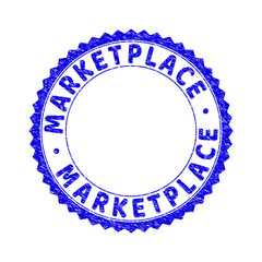 Grunge MARKETPLACE round rosette stamp seal. Empty space inside circle. Vector blue rubber imprint of MARKETPLACE title inside round rosette. Stamp seal with corroded texture.