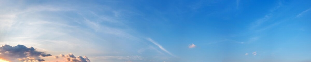 Panorama sky with beautiful cloud on a sunny day. Panoramic high resolution image.