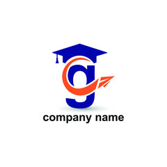 Initial letter g with toga hat graduation gown and paper plane flying around for education academy logo concept