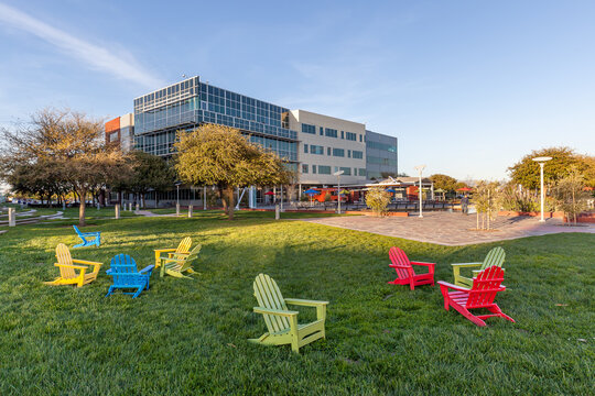 Mountain View, California, USA - March 28, 2018: Exterior view of Google headquarters campus in Silicon Valley . Google is an American technology company in Internet-related services and products.