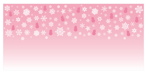 Winter Holiday concept. Decoration with snowflakes and snowman silhouette on pink gradation background. Vector illustration for banner, frame and design. 冬雪のイラスト、雪と雪だるまのシルエットイラスト