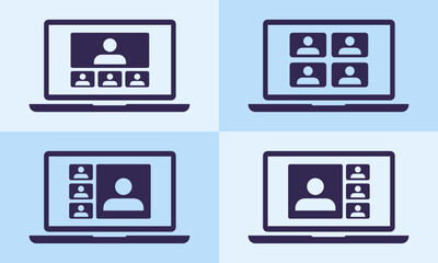4 Panel Video Conference Online Meetings Teleconference on Laptop Icon Virtual Chat Symbol Sign. Suitable for Online School Class, Work from Home WFH, Web Seminar or Webinars Student Group Infographic