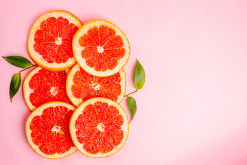 top view tasty grapefruits juicy fruit slices on pink background mellow color diet citrus fresh juice fruit
