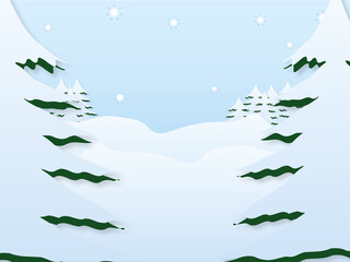 winterliche Landschaft mit Schnee und Bäumen in einem Wald in blau und weiß