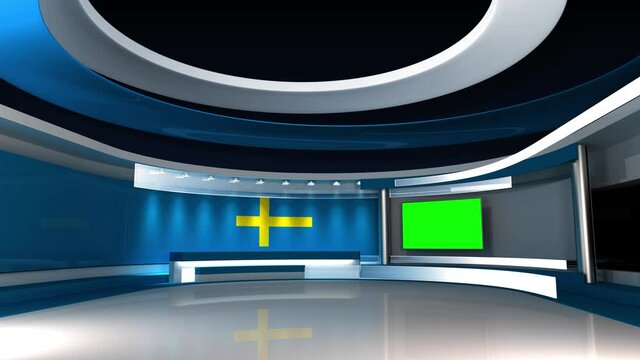 TV studio. Sweden. Swedish flag. News studio.  Loop animation. Background for any green screen or chroma key video production. 3d render. 3d 