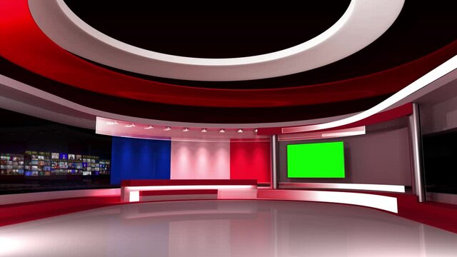 TV studio. French flag background. News studio.  Loop animation. Background for any green screen or chroma key video production. 3d render. 3d 