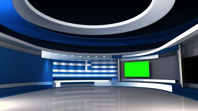 TV studio. Greek flag background. News studio. Loop animation. Background for any green screen or chroma key video production. 3d render. 3d 