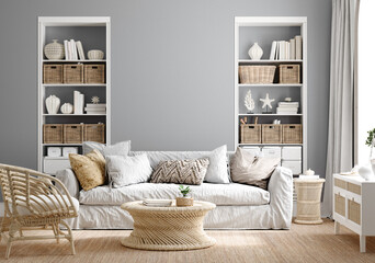 Cozy grey living room interior with coastal furniture, 3d render