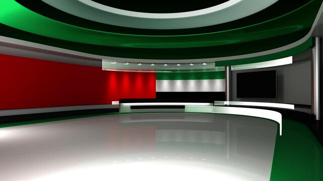 TV studio. Dubai. Dubai flag. News studio. Loop animation. Background for any green screen or chroma key video production. 3d render. 3d