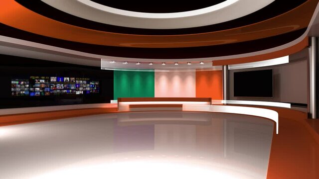 TV studio. Ireland. Irish flag. News studio.  Loop animation. Background for any green screen or chroma key video production. 3d render. 3d 
