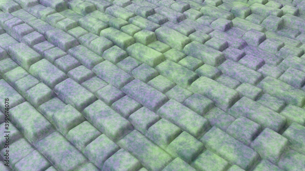 Poster abstract background with old grey green purple cubes, geometric installation. geometric bricks with 