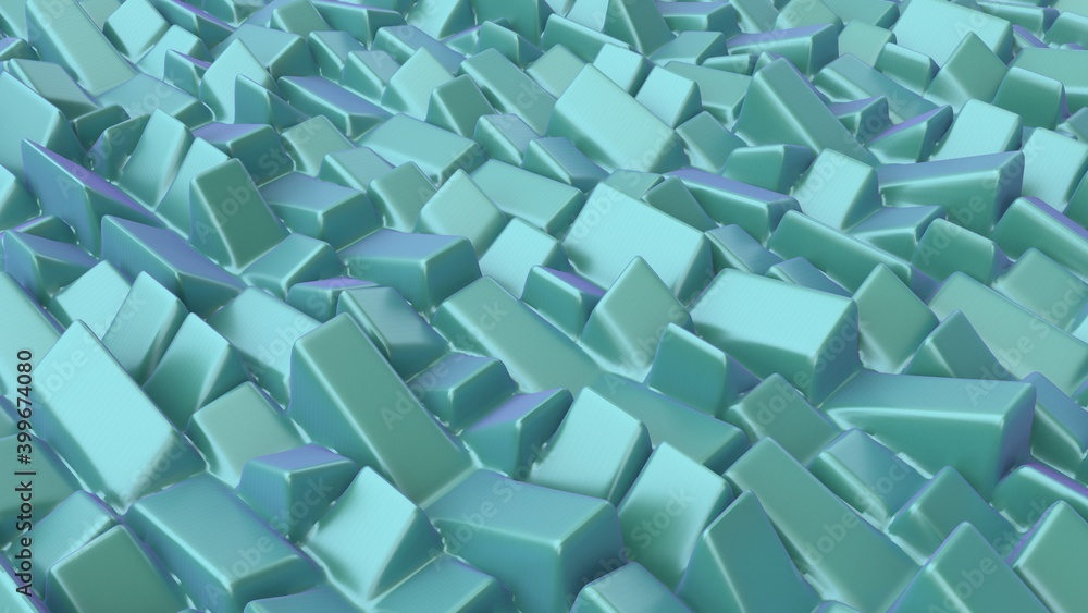Poster abstract background with green purple cubes, geometric installation. geometric bricks shapes with ro