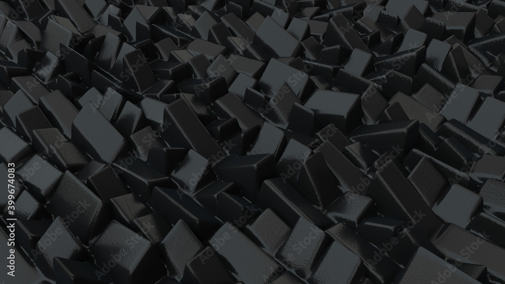 Poster abstract background with black cubes, geometric low-poly installation. geometric bricks shapes with 