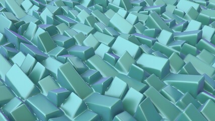 Abstract background with green purple cubes, geometric installation. Geometric bricks shapes with rounded edges. Modern background template for documents, reports and presentations. 3d rendering