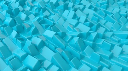 Abstract background with blue cubes, geometric low-poly installation. Geometric bricks shapes with rounded edges. Modern background template for documents, reports and presentations. 3d rendering