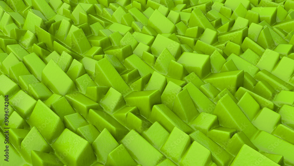 Poster abstract background with green cubes, geometric low-poly installation. geometric bricks shapes with 